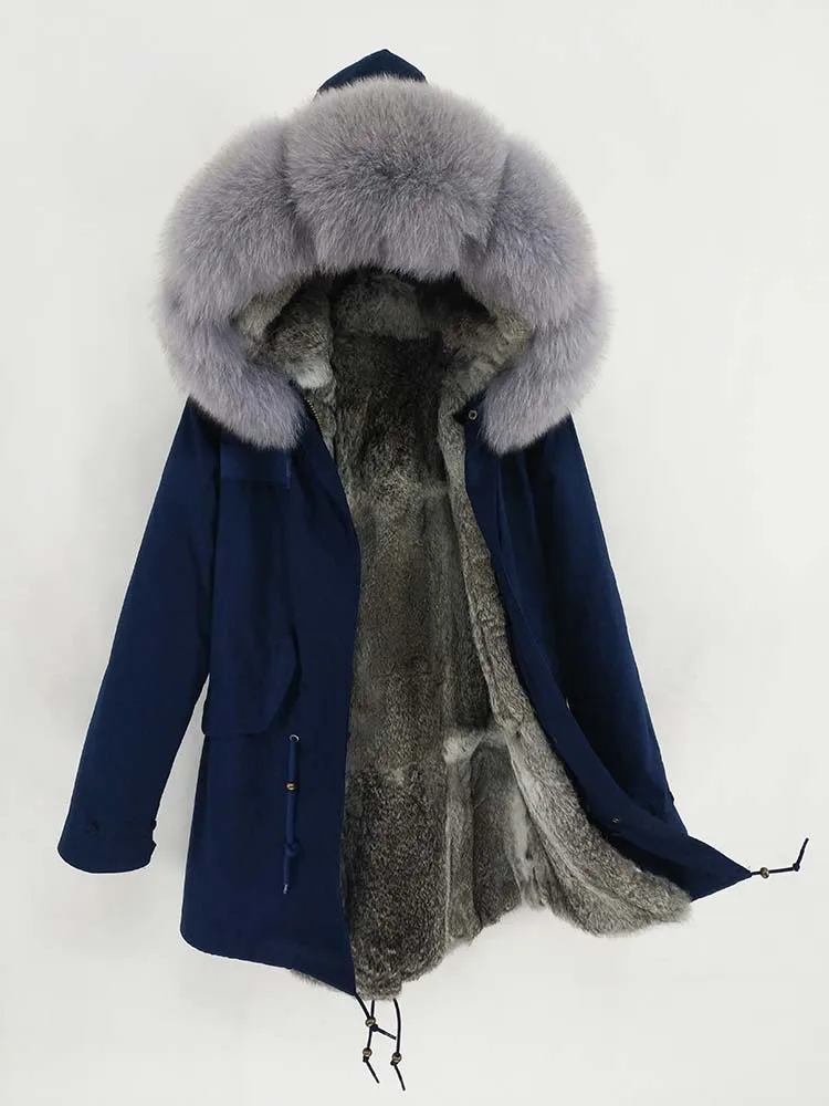 Зима Новая Верхняя Одежда Длинная Зимняя Парка куртка для женщин Натуральный Мех Енота Настоящий мех кролика Подкладка Пальто - Color: fox fur collar