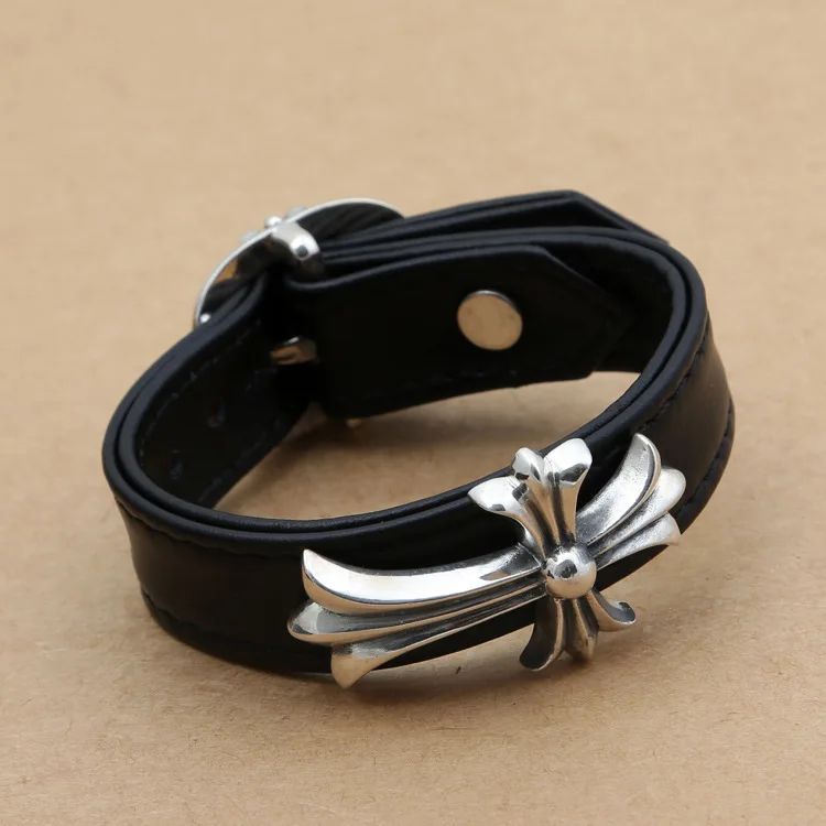 

Wholesales NEC2525 Sterling Silver Jewelry Thai Silver Japan Couples Models Cross Simple Personality Leather Bracelet