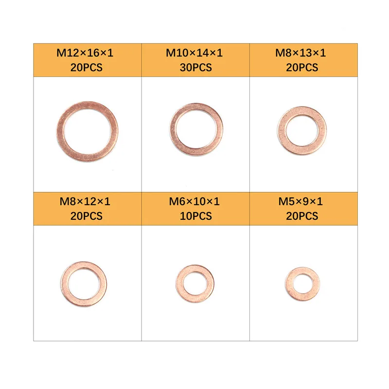 120 шт. M5/M6/M8/M10/M12 5 размеров медная шайба комплект прокладок плоское кольцо уплотнения комплект для генераторов машинного оборудования с коробкой