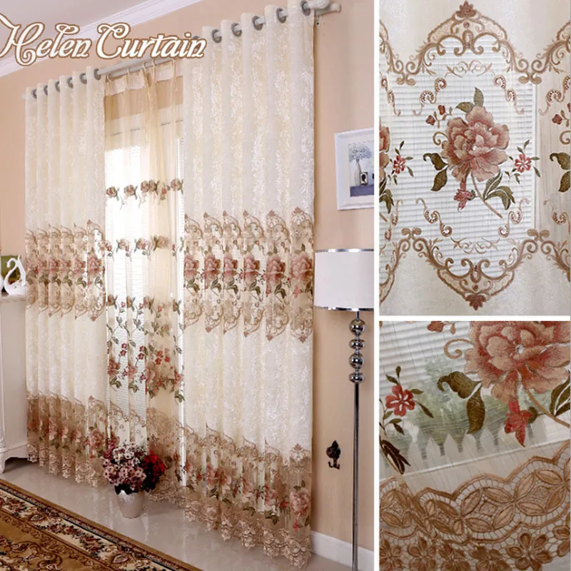 

Helen Curtain European Creamy-white Flowers Style Curtain For Living Room Embroidered Pattern Tulle Curtain For Bedroom Window