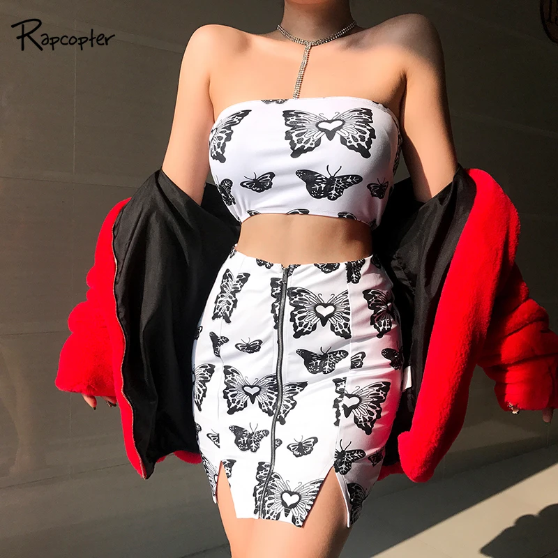 

Rapcopter Summer Two Piece Set Women Print Pattern Tube Top Straps Bodycon Skinny High Waist Mini Zipper Skinny Skirt Set 2019