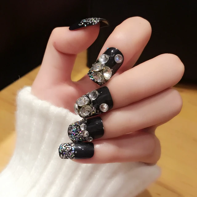 Black Lady Fake Nails Large Rhinestones Decoration Acrylic Black Lady Fake Nails Large Rhinestones Decoration Acrylic Fingernails Nail Tips Kit 24pcs Glitter With