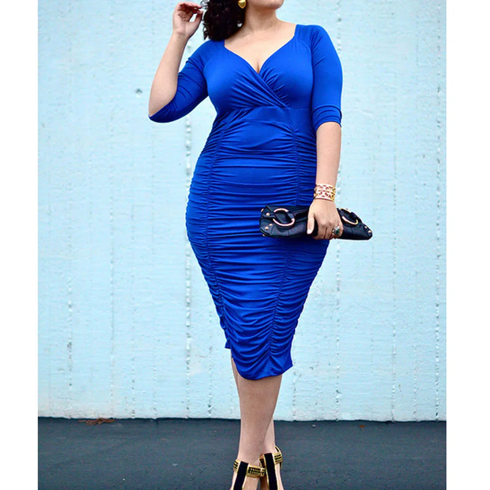 Elegant Royal Blue Deep V Women Summer Dress Pleated Bodycon Bandage