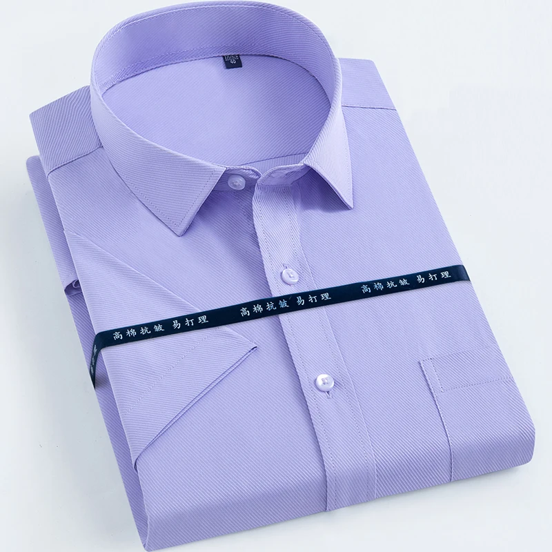 

2019 Popular Design Purple Twill Short Sleeve Summer Men Dress Shirts High Quality Solid/ Striped Formal Business Men Shirts