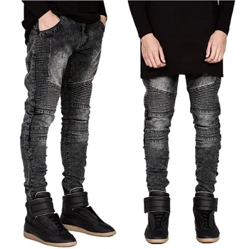 

2019 New Fashion High Street Personality Wrinkled jeans Men's Stretch Slim Feet pants Black Denim Motorcycle pants Size 28- 42