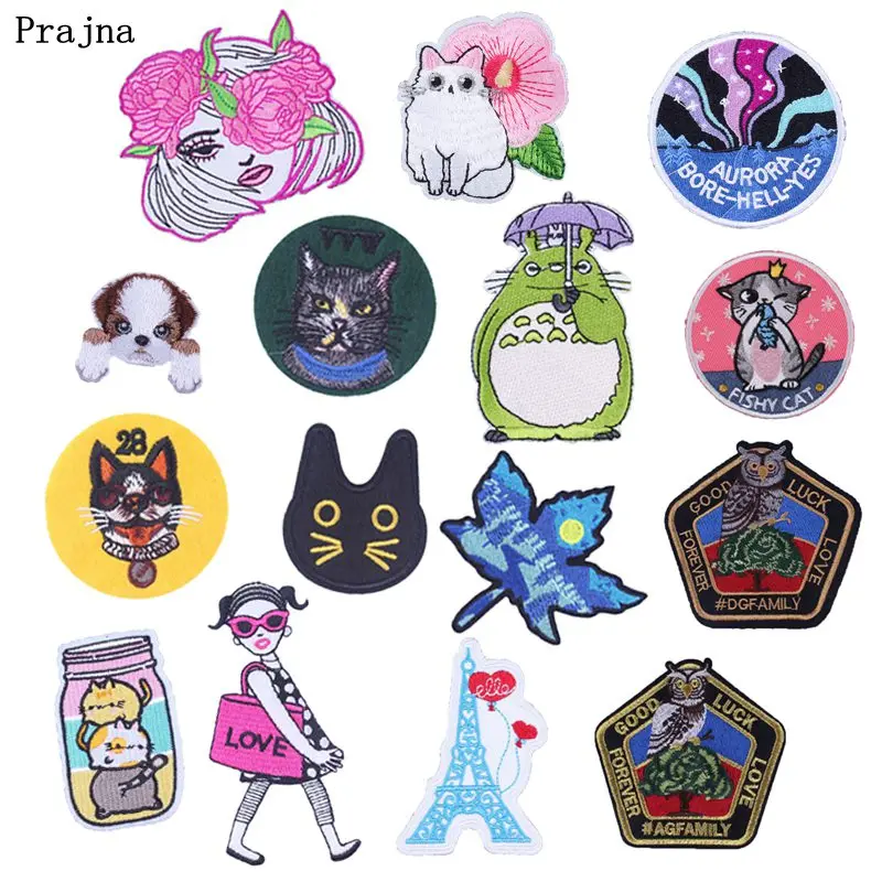 

Prajna Cat Totoro Iron On Patch Flower Woman Aurora Paris Tower Embroidered Iron On Cartoon Dog Sticker For Clothing DIY T-shirt