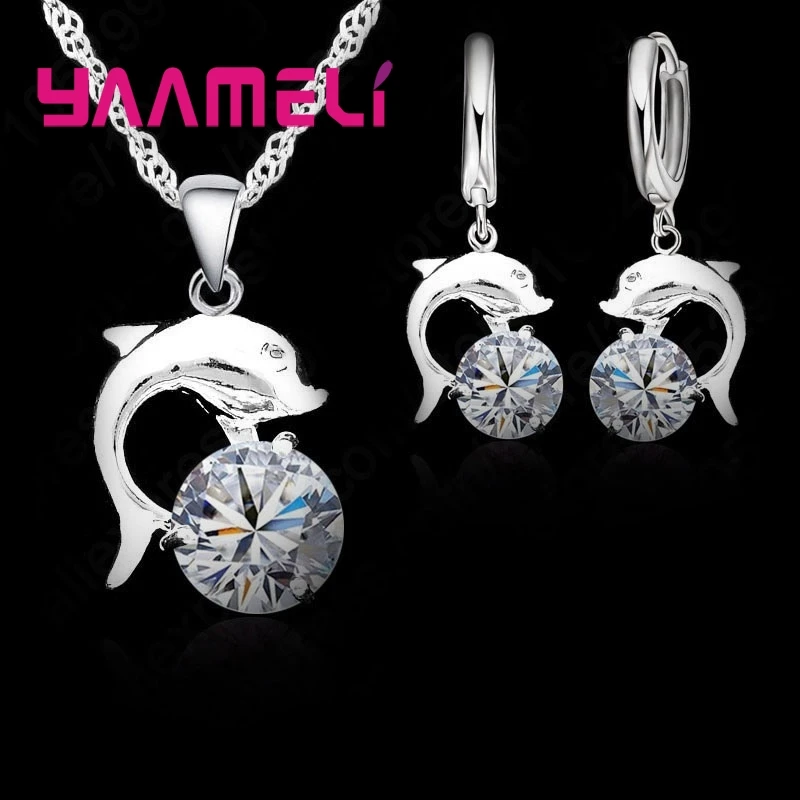 

Stylish Women Cute Hot Sale Jewelry Set For Women Sterling 925 Silver CZ Crystal Necklaces Earrings Dolphin Sets