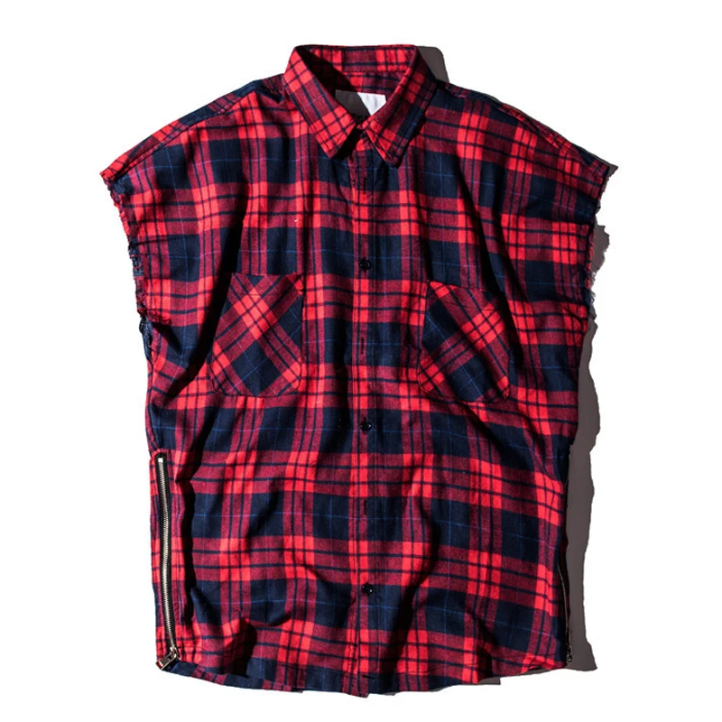 Men red plaid flannel shirts Europe high street fashion baggy fringe sleeveless shirt male