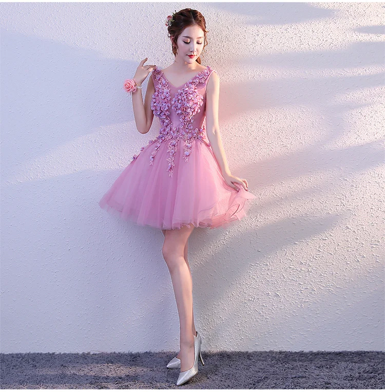 Новые розовые короткие v образным вырезом пот короткие леди девушка для женщин принцесса подружки невесты банкетвечерние вечернее платье