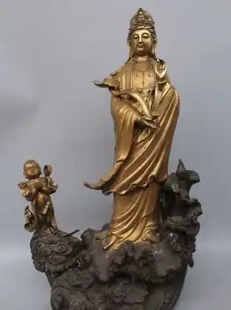 

20"Chinese Buddhism Bronze Gild Stand Kwan-yin Guan Yin Goddess Ru Yi Boy Statue