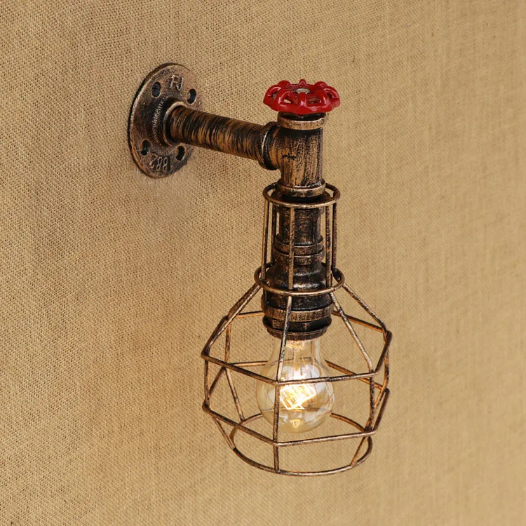 Loft Style Metal Cage Water Pipe Lamp Edison Wall Sconce Wooden Gear Wall Light Fixtures For Home Vintage Industrial Lighting