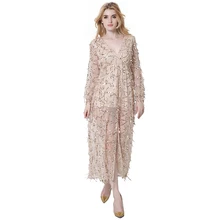 Syoovaa Elegant Sequin Tassel Maxi Split Dress Women Evening Party Spring Dress Sexy Mesh Long Dress V Neck Vestidos