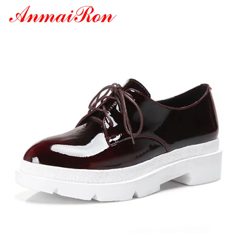 

ANMAIRON Spring and Summer Women's Flats  Basic Lace-up Shoes for Girls Only Red Round Toe Plain  Genuine Leather Flats