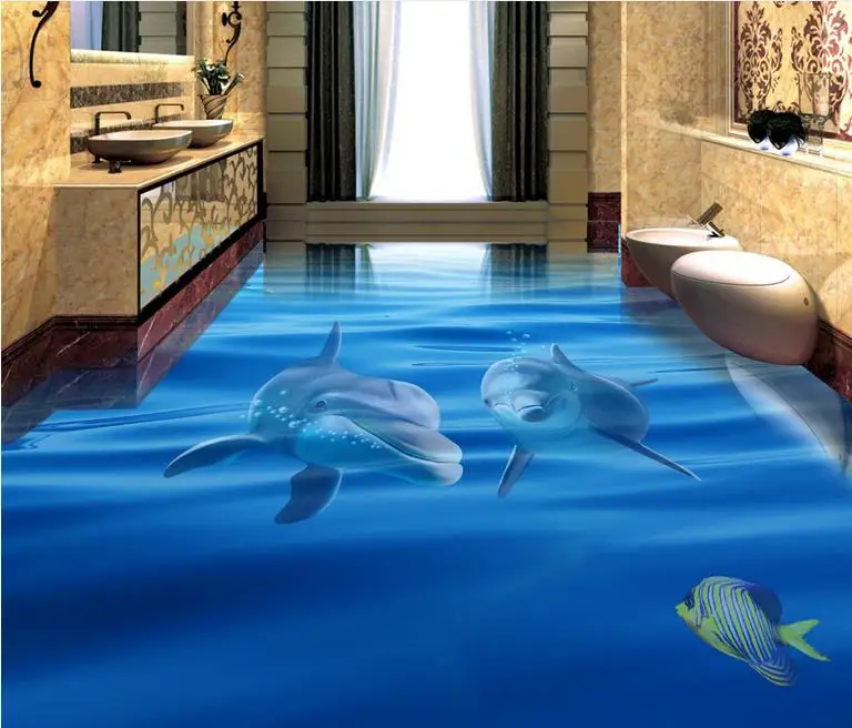 customized waterproof floor self adhesive wallpaper Sea water ripples 3d floor tiles bathroom
