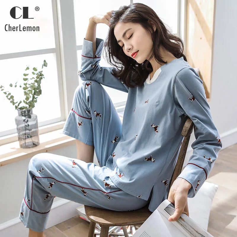 CherLemon Весна Новый хлопок Pijama для женщин милый мультфильм товары для собак пижамы Женский V средства ухода за кожей шеи с длинным рукаво