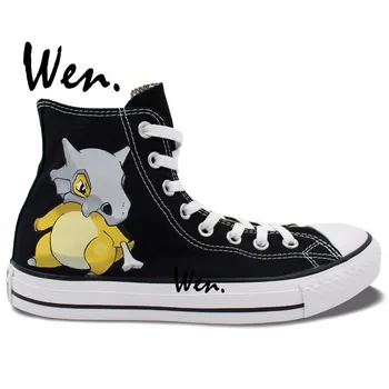 

Wen Black Anime Hand Painted Shoes Pocket Monster Pokemon Go Cubone Men Women's High Top Canvas Sneakers for Gifts
