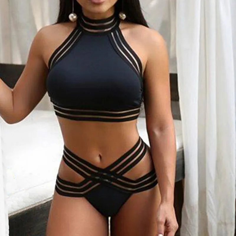 

2019 NEW Women Push-up Bikini Halter Mesh Sheer Sleeveless Bra Crop Bandage Bikini Set Swimsuit Swimwear High Waist Bathing
