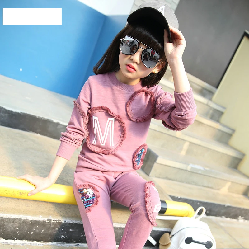 

2018 Spring Fall New Girls Fashion Clothing Set Female Kids Paillette Splicing Patches Set Children's Sports Suit Twinset A135