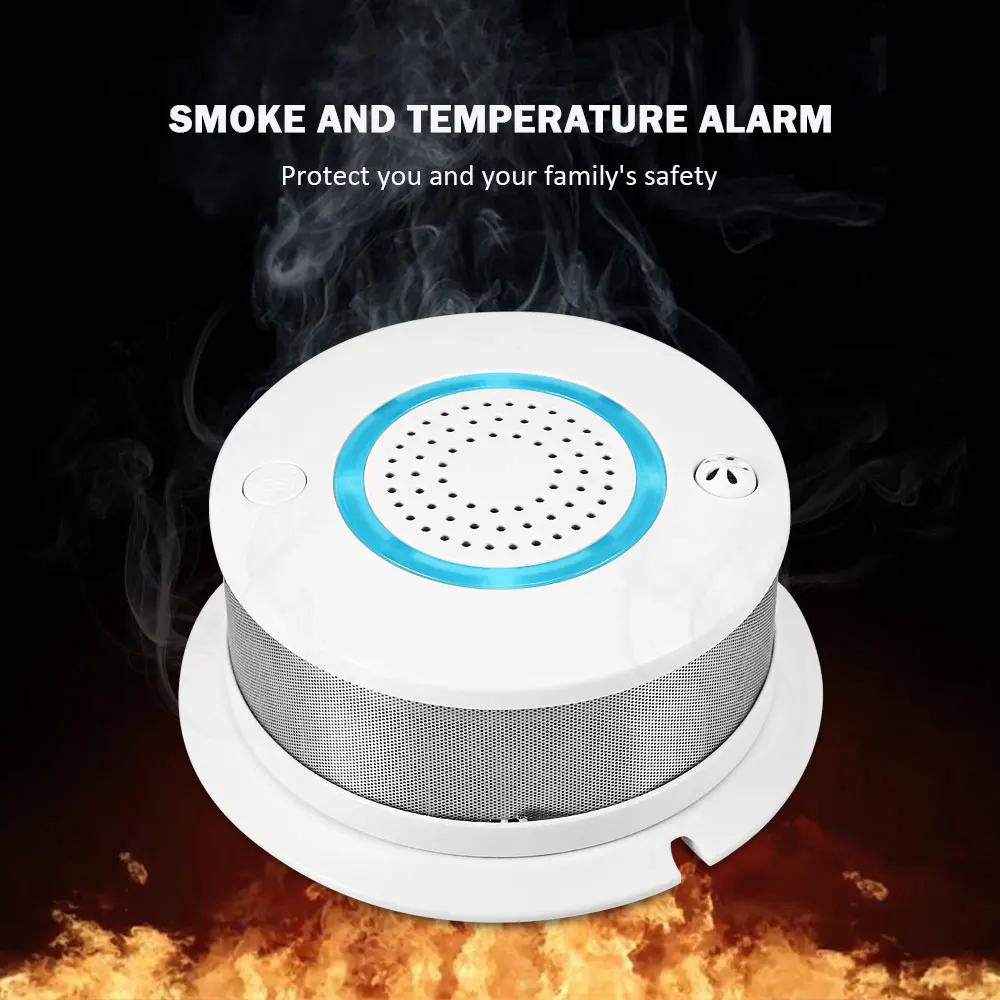 

SmartYIBA WIFI Smoke Alarm Fire Alarm APP Remote Smoke Detector + Temperature Alarm Combination Home Security Voice Prompt