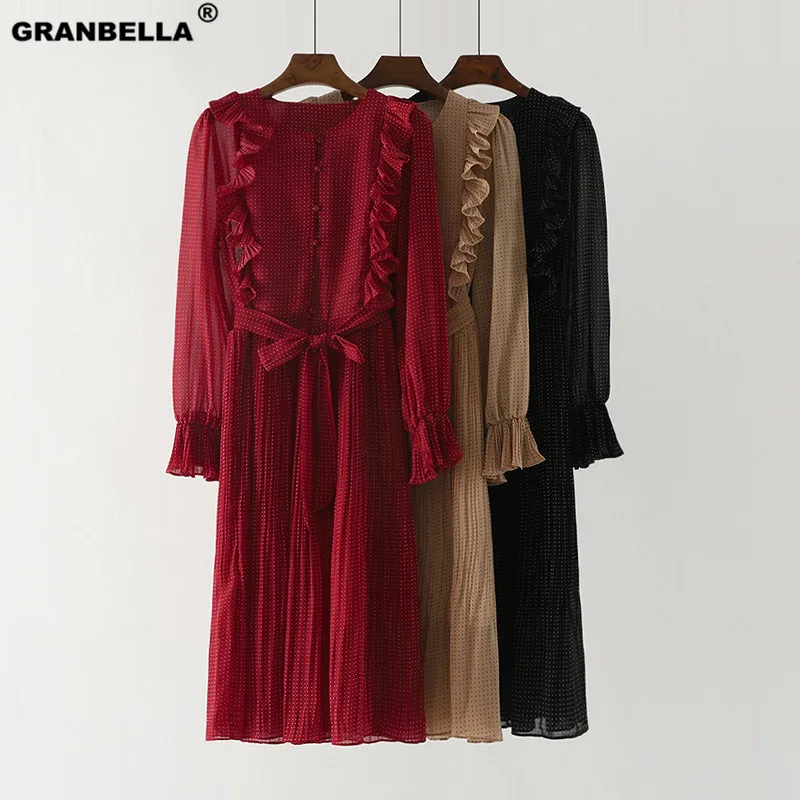 

Women Spring Chiffon Dress New 2019 Long Sleeve Vintage Dot Print Lotus Leaf Ruffles Pleated Long Robe Woman Casual Dresses