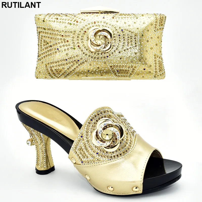

Gold Shoes and Bag Set Decorated with Appliques African Women Matching Italian Shoes and Bag Set for Wedding Nigerian Shoes Bags