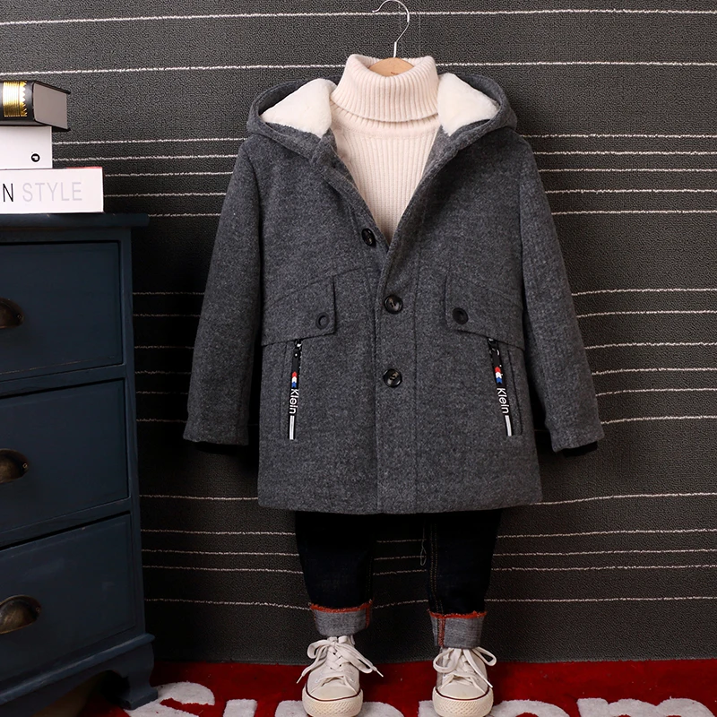 Childrens Clothing Boys Wool Coat 2018 New Woolen Coat Autumn and Winter Fashion Hooded Long Jacket Plus Velvet Thick Childrens Clothing Boys Wool Coat 2018 New Woolen Coat Autumn and Winter Fashion Hooded Long Jacket Plus Velvet Thick