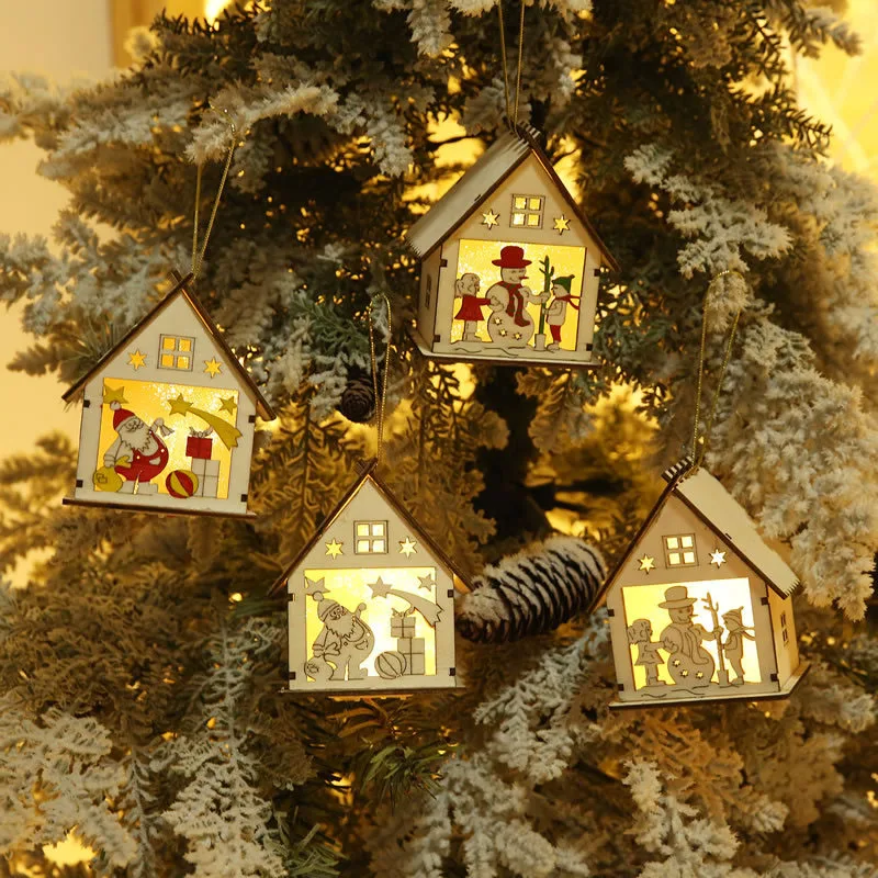 

Mini LED Wooden House Christmas Tree Pendants New Year Decorations For Home Table Ornaments Xmas Tree Hanging Decor navidad 2018