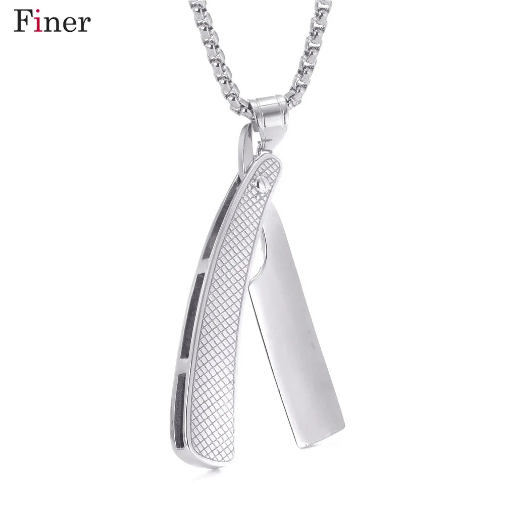 

Vintage Men Barber Necklace Stainless Steel Silver Color Male Blade Shape Pendant Jewelry long Chains Necklaces