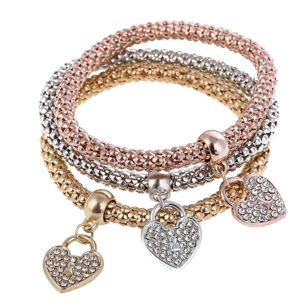 

3Pcs Elastic Bracelets Bangle Key Butterfly Rhinestone Pendant Crown Corn