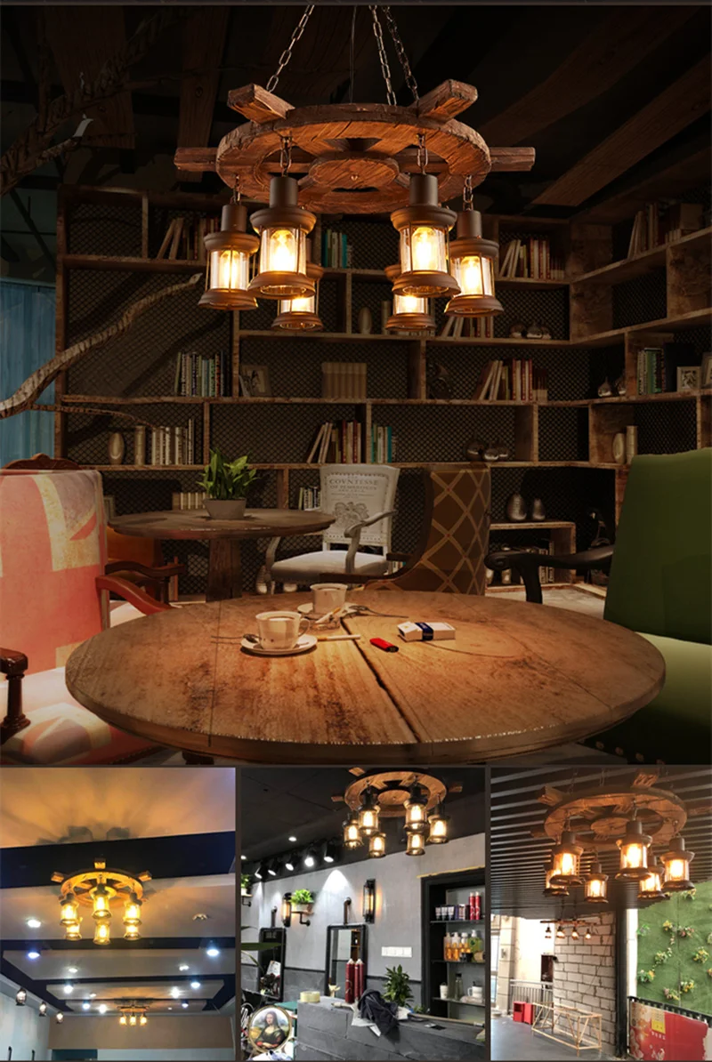 Antique Industrial Retro Wood E27 LED Ceiling Chandelier Lightin Creative LOFT Bar luminaire Vintage Pendant Lights lustre flush ceiling lights