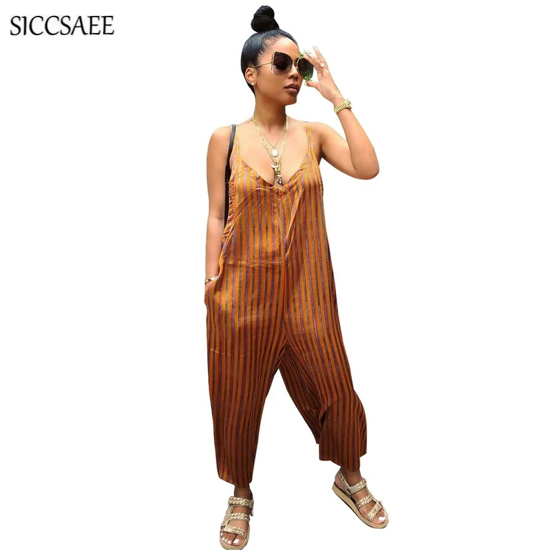 

Backless Vertical Stripes Boho Style Sexy One Piece Jumpsuits For Women 2018 Summer Loose Suspenders Palazzo Pants Bodysuit