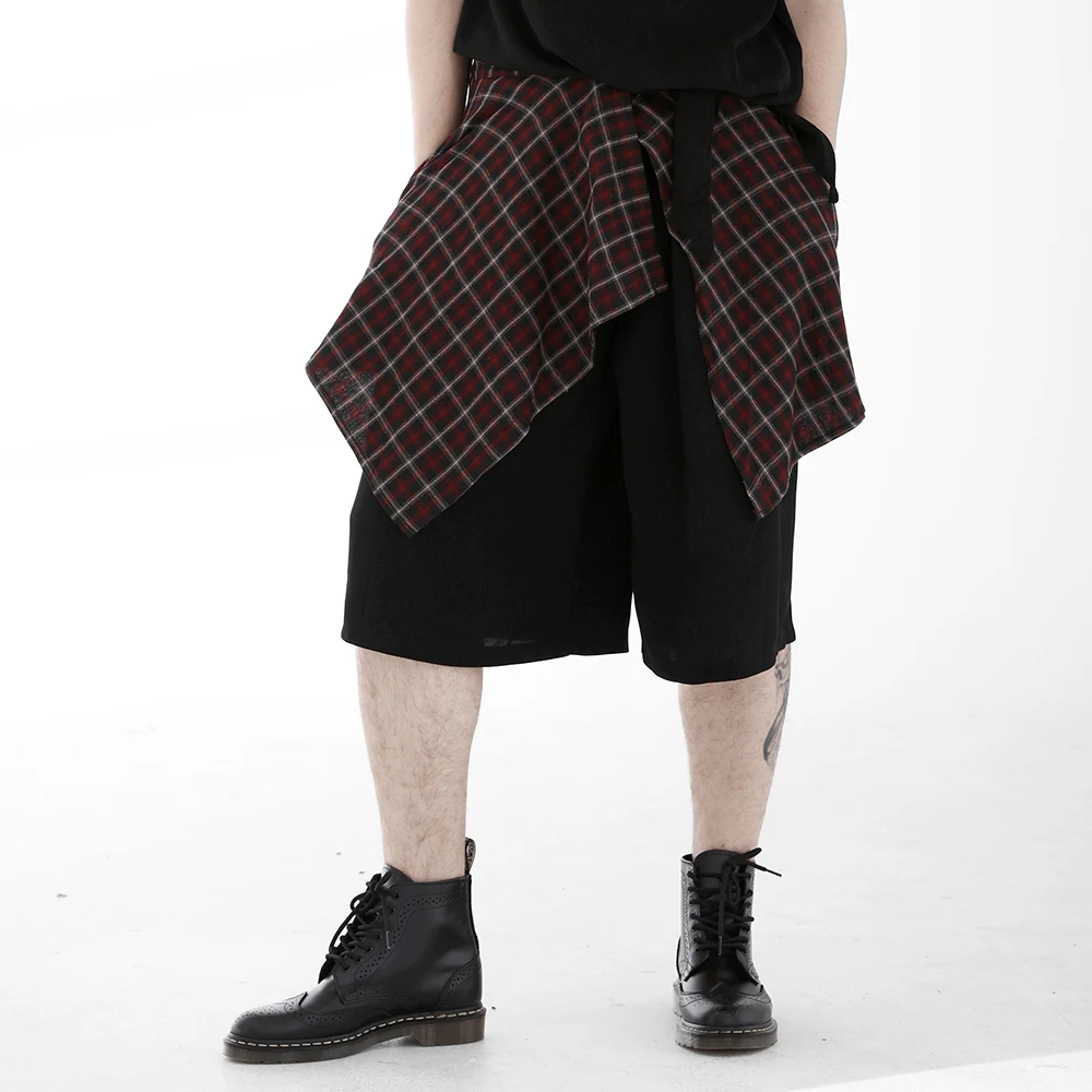 Коричневый готический панк Шотландский Килт костюм двойные карманы мужские юбки с поясом решетки плетеные юбки двусторонние карманные юбки с цепью