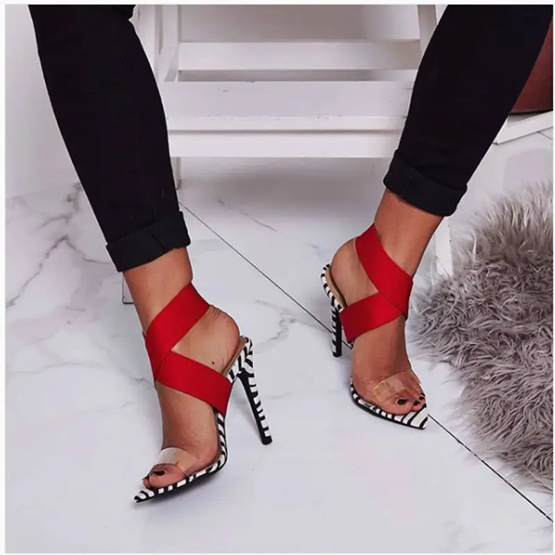 

2019 new Designer Brand women's shoes sandals fashion pointed open toed stilettos high heels sandals stripe gladiator party shoe