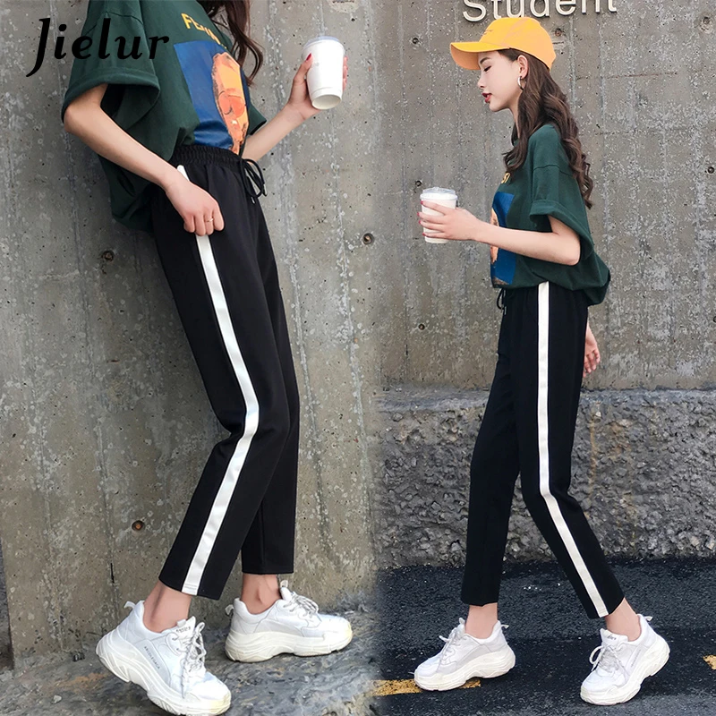 Jielur/Харадзюку женские штаны шаровары в полоску сбоку тонкие Moda Mujer 2018