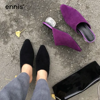 

2019 Spring Leather Suede Slippers Pointed Toe Mules Women Mid Heel Outside Slippers Casual Shoes Black Purple Slides NEW M910