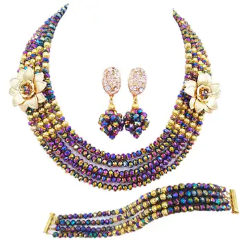 

Fashion Multicolor Plated Crystal Beaded Multi Strands Necklaces Sets Nigerian Wedding African Beads Jewelry Set 5-XSH12