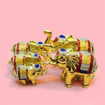 

European Chinese style Metal enamel painted crafts A family of five elephants, home decoration desktop ornaments(A519)