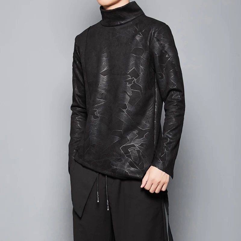 

2019 High-end black three-dimensional tailoring imitation deerskin long sleeve slim print high collar trend hoodies