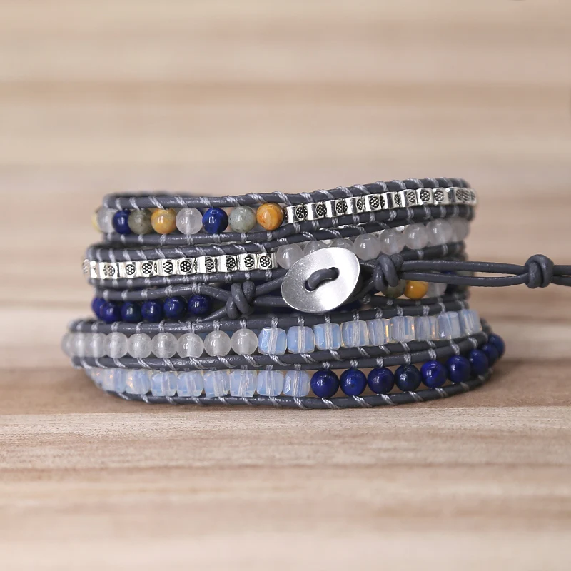 Лазурит талисманы кожаный браслет из натурального камня Женская мода 5 слоев обруча браслет в стиле бохо ювелирные изделия дропшиппинг