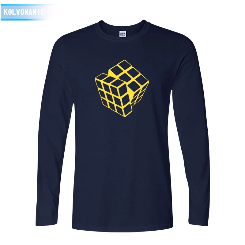 KOLVONANIG весна и осень Rubik's-Cube игра печатных Мужская футболка с круглым вырезом футболка с длинным рукавом платья для мужчин лоскутные футболки - Цвет: Navy 03