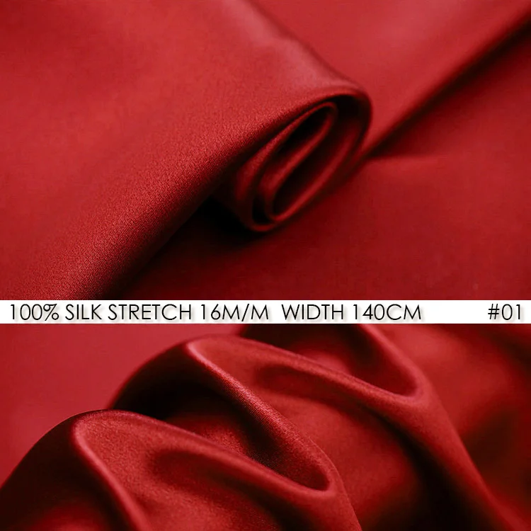 Шелковый стрейч-сатин 140 см Ширина 16momme чистый шелк ткань+ спандекс стрейч ткань свадебное платье натуральный шелк Минимальный заказ 1 метр - Цвет: NO 01 Red