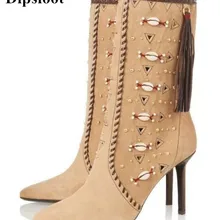 Dipsloot/ г.; Kendall Jenner; сапоги из натуральной кожи в богемном стиле с украшением; женские ботинки с бахромой; золотые шпильки на высоком каблуке