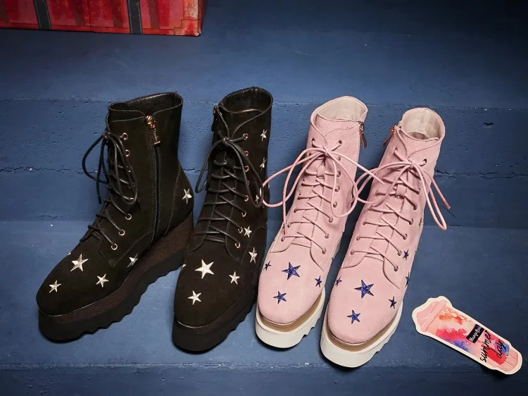 

2018 autumn winter women platform shoes Chic lace-up martin boots Fashion stars embroidery wedges short boots EU35-41 size BY509