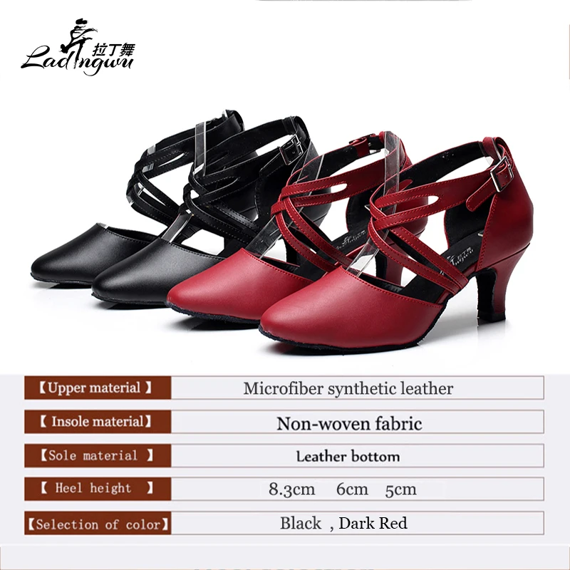  Ladingwu 2018 New Microfiber Synthetic Leather Closed Toe Latin Dance Shoes Dark Red Black Ballroom