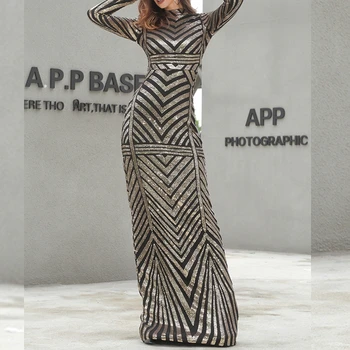 

2019 New Grey Long Sleeve Sequin Long Evening Celebrity Party Dress Women MAxi Clubwear Geometric Autumn Vestidos