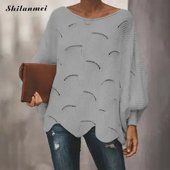 

2019 Hollow Out Knitted Sweaters And Pullovers New Fashion Sweater Women Lantern Sleeve Loose Causal Ladies Sweater Jumper Tops