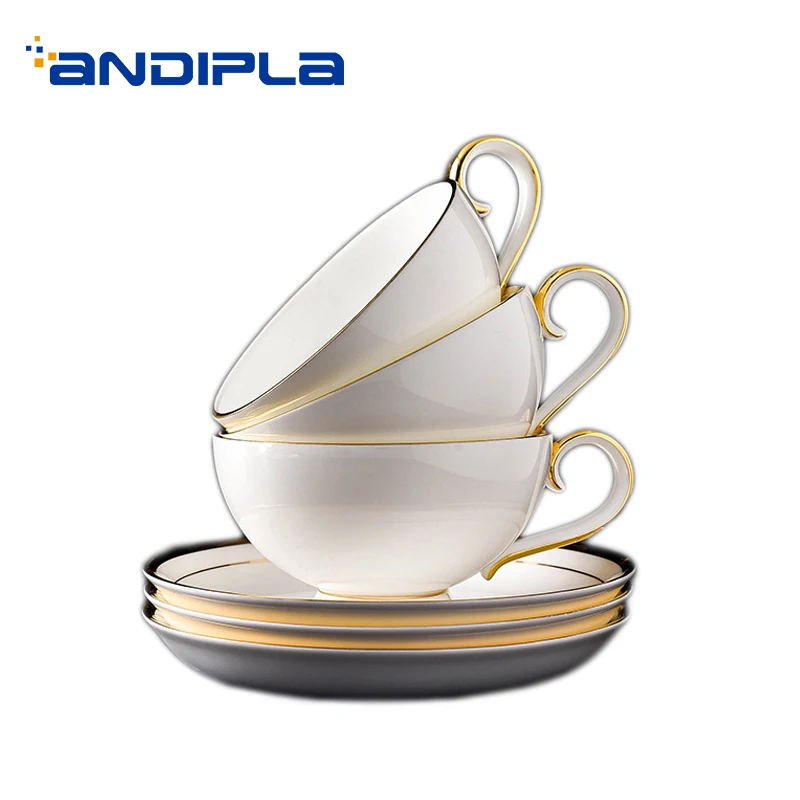 2PCS/Lot 250ML Brief Gold Border Ceramic Bone china Coffee Milk Cup with Saucer Kit Black Tea Water Mug for Birthday Gifts | Дом и сад