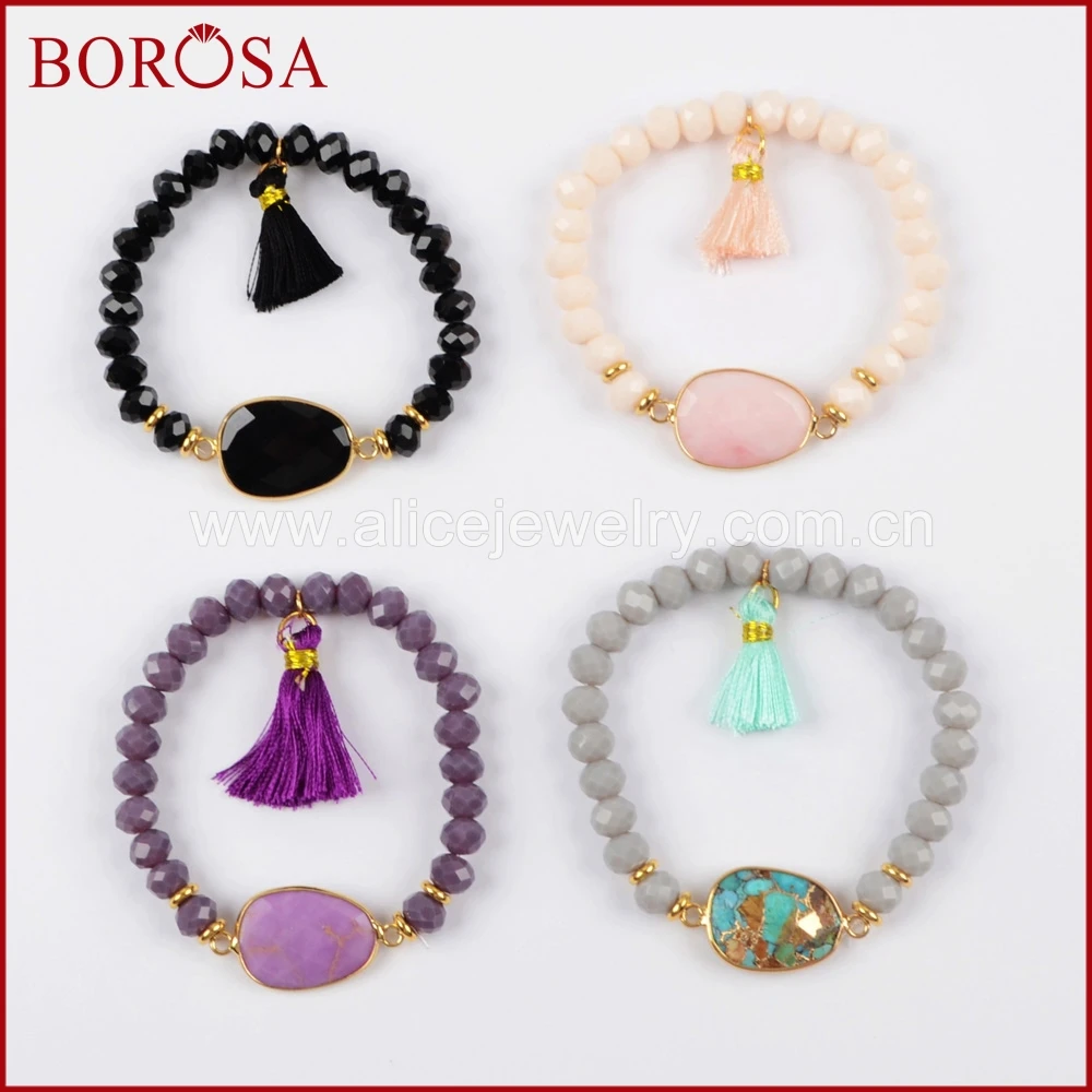 

BOROSA 5PCS Gold Color Mix Colors Natural Tur-quise & 8x6mm Faceted Glass Beads & Tassel Bracelet Bangle for Women Jewelry G1503