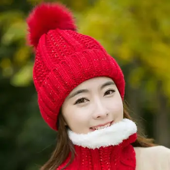 

Wholesale Winter Outdoor Women Solid Color Thicken Pompom Beanie Cap O Ring Scarf Set
