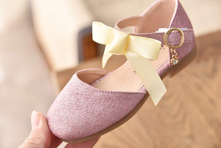 Новые летние туфли принцессы с бантом для девочек, детские модельные туфли с блестками, весенние туфли на плоской подошве для девочек